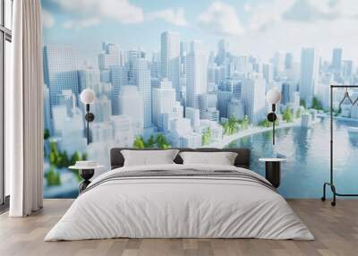 Cityscape of the future with futuristic skyscrapers, a river, and greenery. Stock illustration of a beautiful eco-friendly city. Wall mural