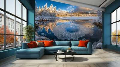 Frozen lake under a blue sky in the winter. Pines lined hills. Carpathian, Ukraine. Europe. Winter. Blue ice and cracks on the ice. Wall mural