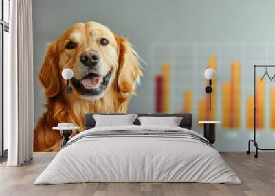 In this image, a golden retriever stands proudly in front of modern digital analytics against an elegant backdrop, illustrating how pets and technology are inseparable. Wall mural