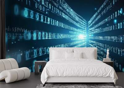 Information technology concept illustrated by binary code flowing through a blue digital data stream Wall mural