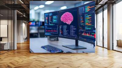 Showing advanced neuroscience equipment and simulations in the Platinum Neural Interface Research Center, where scientists study neural interfaces and brain-computer interfaces Wall mural