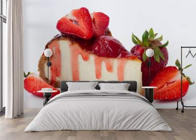 Slice cheesecake with fresh strawberries on white plate Wall mural