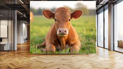 A close-up image of a young brown calf with a white snout, standing in a lush green field during sunset, with the sky painted in soft hues of blue and orange Wall mural