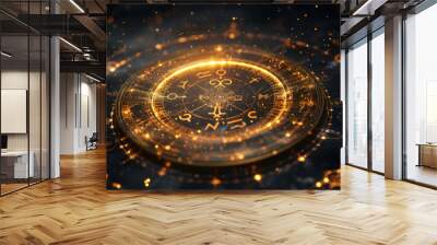 Libra zodiac sign against horoscope wheel. Astrology calendar. Esoteric horoscope and fortune telling concept. Wall mural