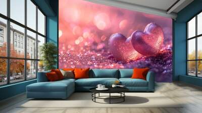 Two hearts on a purple blurred and bokeh background Ai generative Wall mural