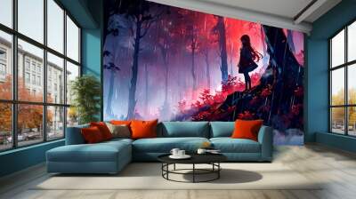 Anime girl against a forest background, fog, red glow, digital art Wall mural