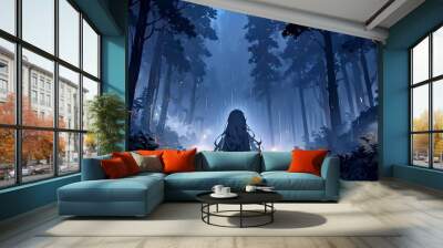 Lonely anime girl against a forest background, fog, illustration, anime background, blue color Wall mural