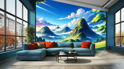 Mountain landscape on the mountain, anime wallpaper, illustration, background Wall mural