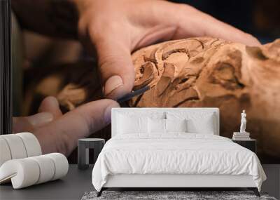 close up picture of woodcarver at work, handcrafting with wood   Wall mural