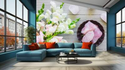 Gladiolus and Rose Quartz on White Table Wall mural