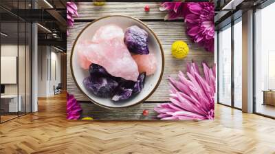 Rose Quartz and Amethyst with Craspedia and Chrysanthemums Wall mural