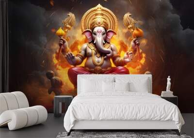 Lord ganesha red body four arms his consort sittiing Wall mural