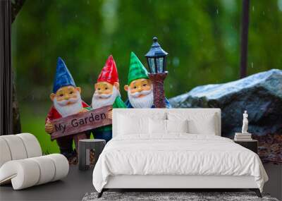 Three Garden Gnomes Side by Side In Yard Wall mural