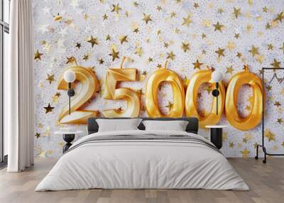 25000 followers card. Template for social networks, blogs. Background with white marshmallows. Social media celebration banner. 25k online community fans. 25 twenty-five thousand subscriber Wall mural