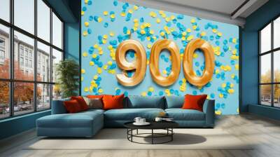 900 nine hundred followers subscriber card. golden birthday candle on yellow and blue confetti Festive Background. Template for social networks, blogs. media celebration banner. online community fans Wall mural