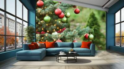 Decorated Christmas tree in pine park. Merry Christmas. New year card. Wall mural