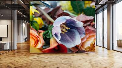 pink violet Autumn Colorful fall bouquet. Beautiful flower composition with tulip. Flower shop and florist design concept. close up, floral background Wall mural