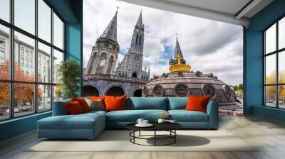 View of the Upper and Lower Basilicas in the Sanctuary of Our Lady of Lourdes in France Wall mural