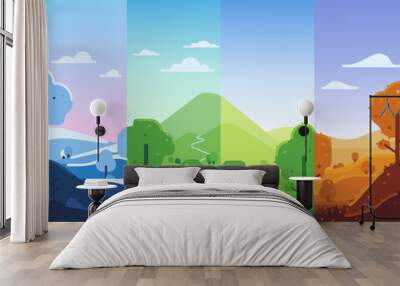 Four seasons vector illustration set. Winter, spring, summer, autumn. Landscape beautiful illustration. Wall mural