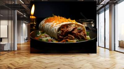 Juicy doner cut in a plate on a dark background, generated by AI Wall mural