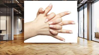 Female hands with woman's professional natural frenchnails manicure on white background Wall mural