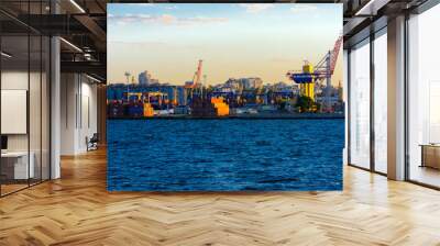 Odessa, Ukraine - August 8, 2018. Big working cranes for loading containerships and various cargoes to the ships at the shipyard against a beautiful evening blue sky in soft colors. Cargo delivery Wall mural