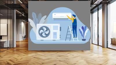 Professional worker of ventilation repair service in blue uniform stand on ladder fix or install air-conditioner on wall in office, house, appertment. Vector illustration. Vector illustration Wall mural