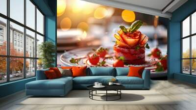 A beautiful and elegant rose-shaped dish made from fruit. AI. Wall mural