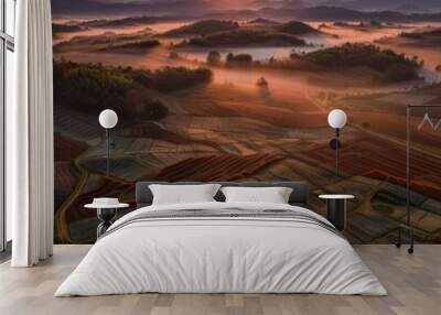 A beautiful sunrise over a field of crops and hills. Generative AI. Wall mural