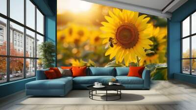 A bee collects pollen from a sunflower in a field at sunset. AI. Wall mural