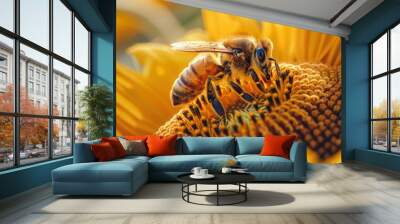 A bee is on a sunflower with yellow petals. AI. Wall mural