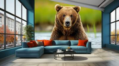 A brown bear in the water with its head out of the water. Generative AI. Wall mural