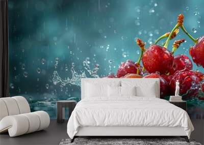 A bunch of cherries are being splashed with water. Generative AI. Wall mural