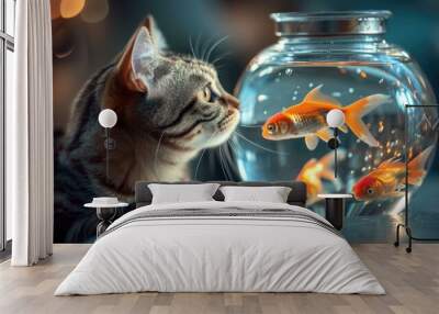 A cat looking at a fishbowl. AI. Wall mural