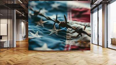 A close up of a barbed wire and an american flag. Generative AI. Wall mural