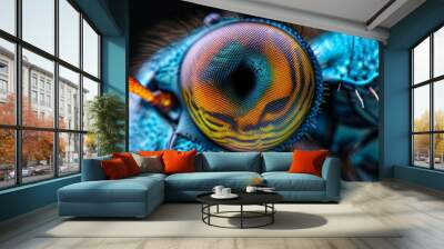 A close up of a blue bee with colorful eyes. Generative AI. Wall mural