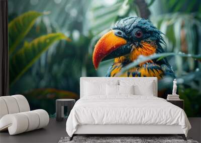 A colorful bird with a large beak sits in the rain. AI. Wall mural