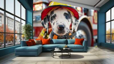 A dalmatian puppy wearing a fireman's hat and vest in front of a truck. Generative AI. Wall mural