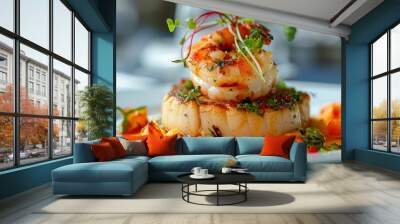 A delicious and healthy seafood dish with shrimp, scallops, and vegetables. AI. Wall mural