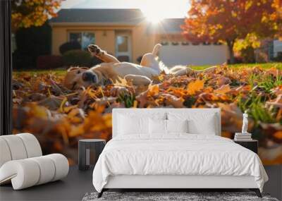 A dog enjoys a sunny autumn day in a pile of leaves. AI. Wall mural