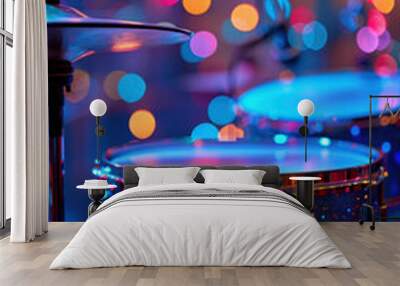 A drum set lit by colorful lights. AI. Wall mural