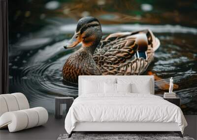 A duck is swimming in a lake. AI. Wall mural