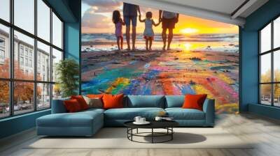 A family creates colorful art on the beach at sunset. AI. Wall mural