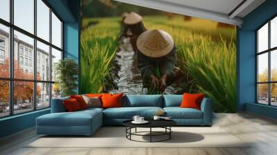 A farmer plants rice seedlings in a paddy field. AI. Wall mural