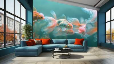 A group of goldfish swimming in a pond with green plants. AI. Wall mural