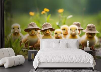 A group of little ducks wearing hats in the grass. Generative AI. Wall mural