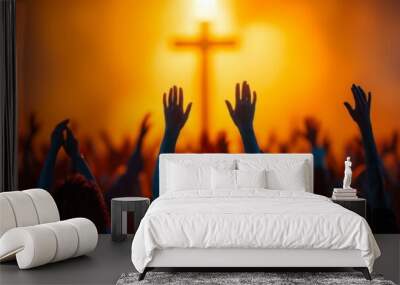 A group of people are worshipping in a church with their hands raised in the air. AI. Wall mural