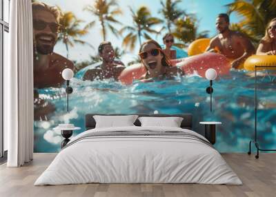 A group of people swimming in a pool with inflatable tubes. AI. Wall mural