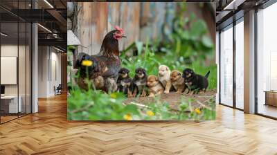 A group of puppies are standing around a chicken. Generative AI. Wall mural