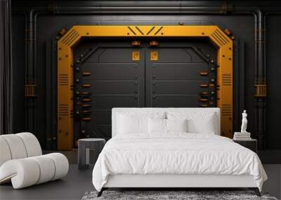 A large metal door with a yellow and black design. Generative AI. Wall mural